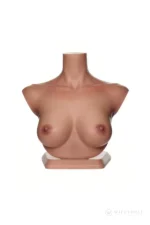 Silicone bust head stand in the honey bronze skin tone, featuring a sculpted chest and stable display base.