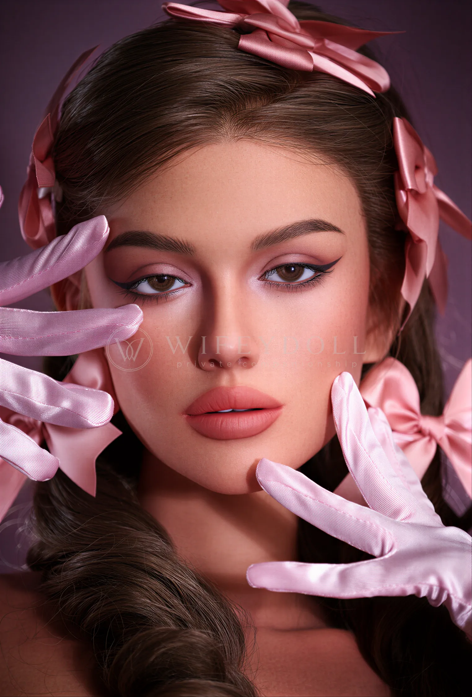 Close-up portrait of Celeste as she tilts her chin between pale gloves and pink ribbon curls.