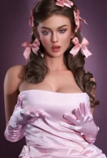 Upper-body portrait of Celeste as she wears the fitted pink dress with long gloves gathered at her waist.