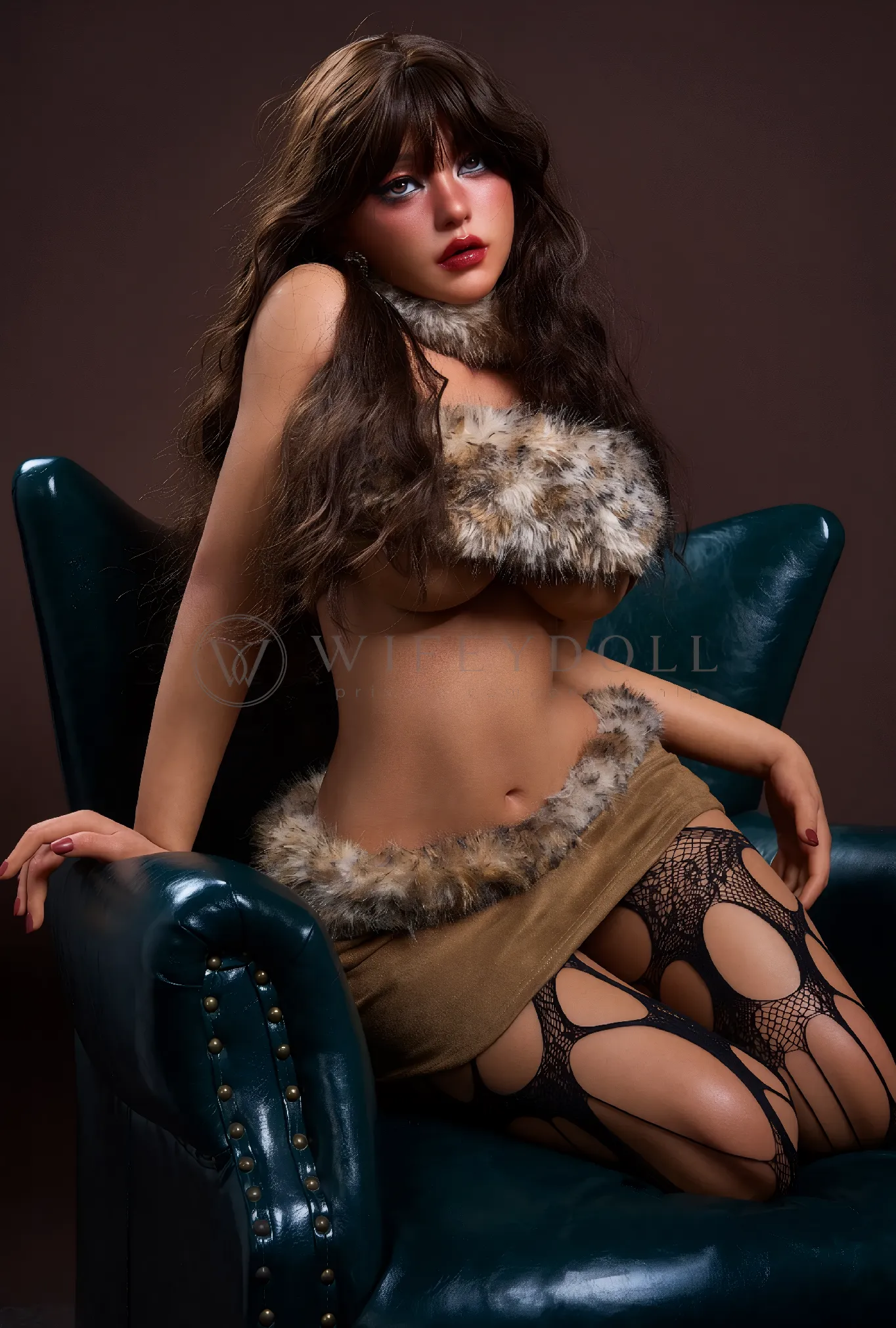 Eileen, a 164cm realistic silicone doll, kneeling on a teal armchair in a tan skirt and patterned black stockings.