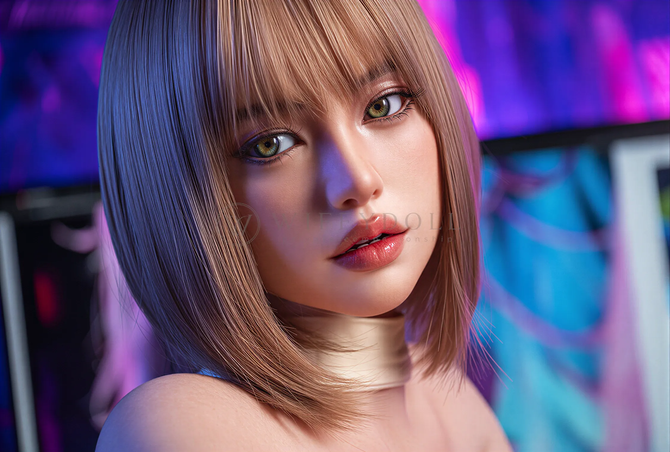 Close-up portrait of Elena under blue and pink neon light, showing her smooth brown bob, green eyes, and glossy lips.