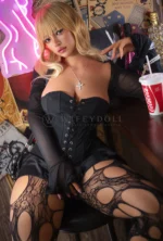 Giselle rests one hand near her temple in a close seated portrait, with a red drink and bar lights beside her.