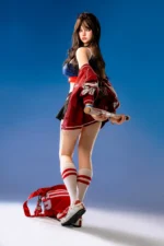 Hanae, a 161cm full-body sex doll, stands with her back partly turned, holding the baseball bat across her lower back with a red sports bag at her feet.