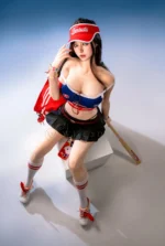 Hanae, a 161cm life-size companion doll, stands in a red visor, blue crop top, black pleated skirt, and white knee socks with one hand near her face.