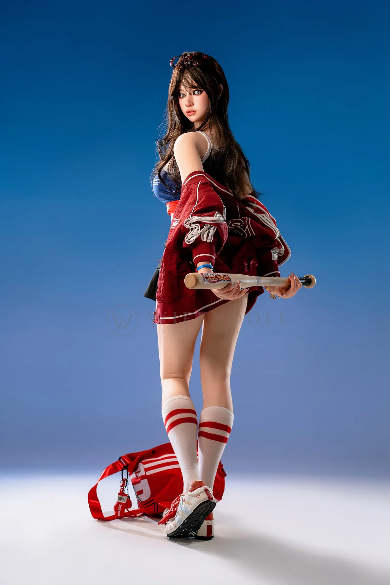 Hanae, a 161cm life-size sex doll, stands mostly turned away with the baseball bat behind her, wearing white knee socks and red-trimmed sneakers.