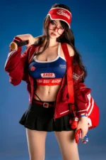 Hanae, a 161cm realistic companion doll, holds a baseball bat across one shoulder in a red jacket, blue crop top, black pleated skirt, and red visor.