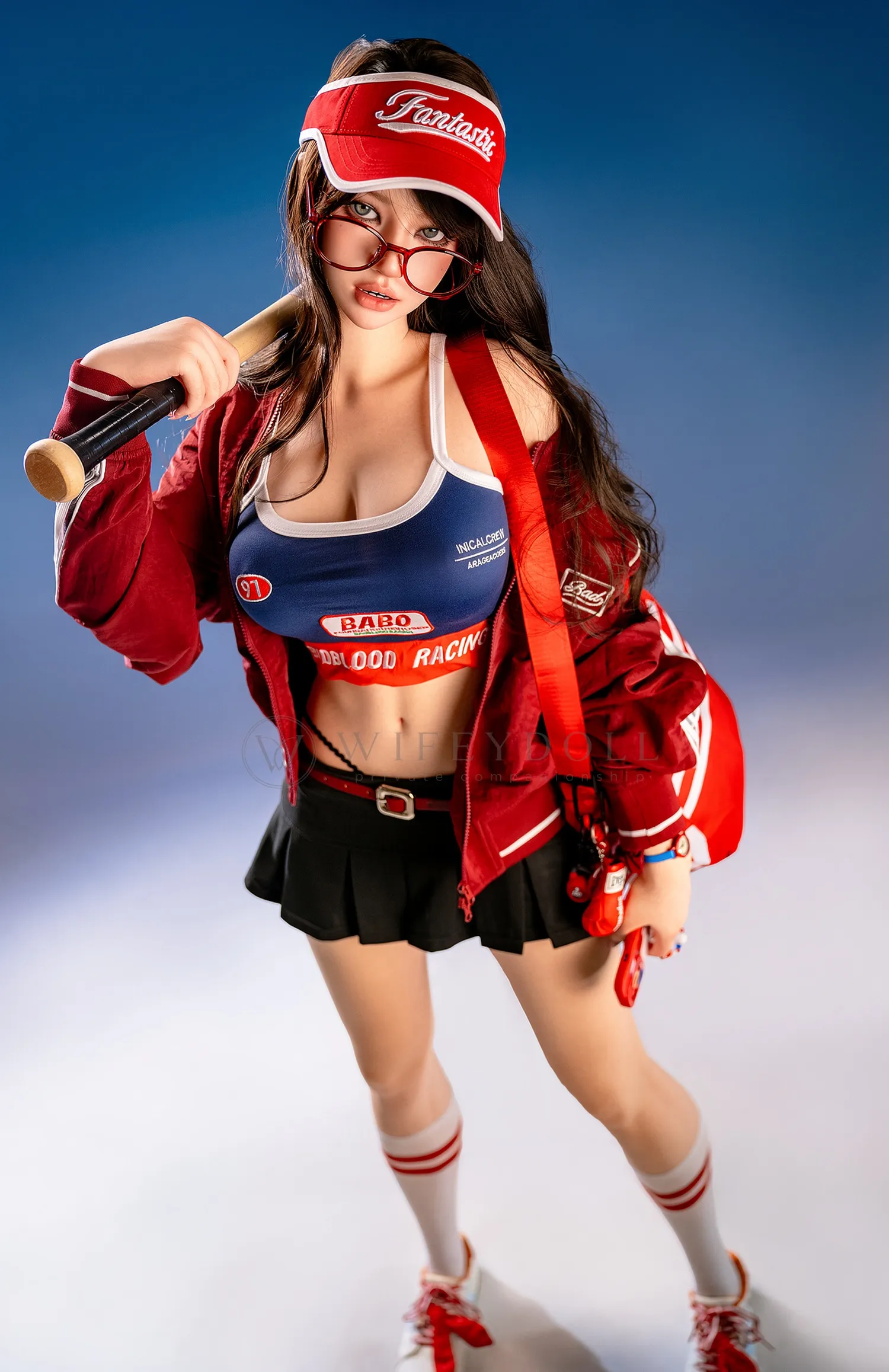 Hanae, a 161cm realistic sex doll, stands at a slight angle in the baseball outfit with the red jacket open and the bat resting on her shoulder.