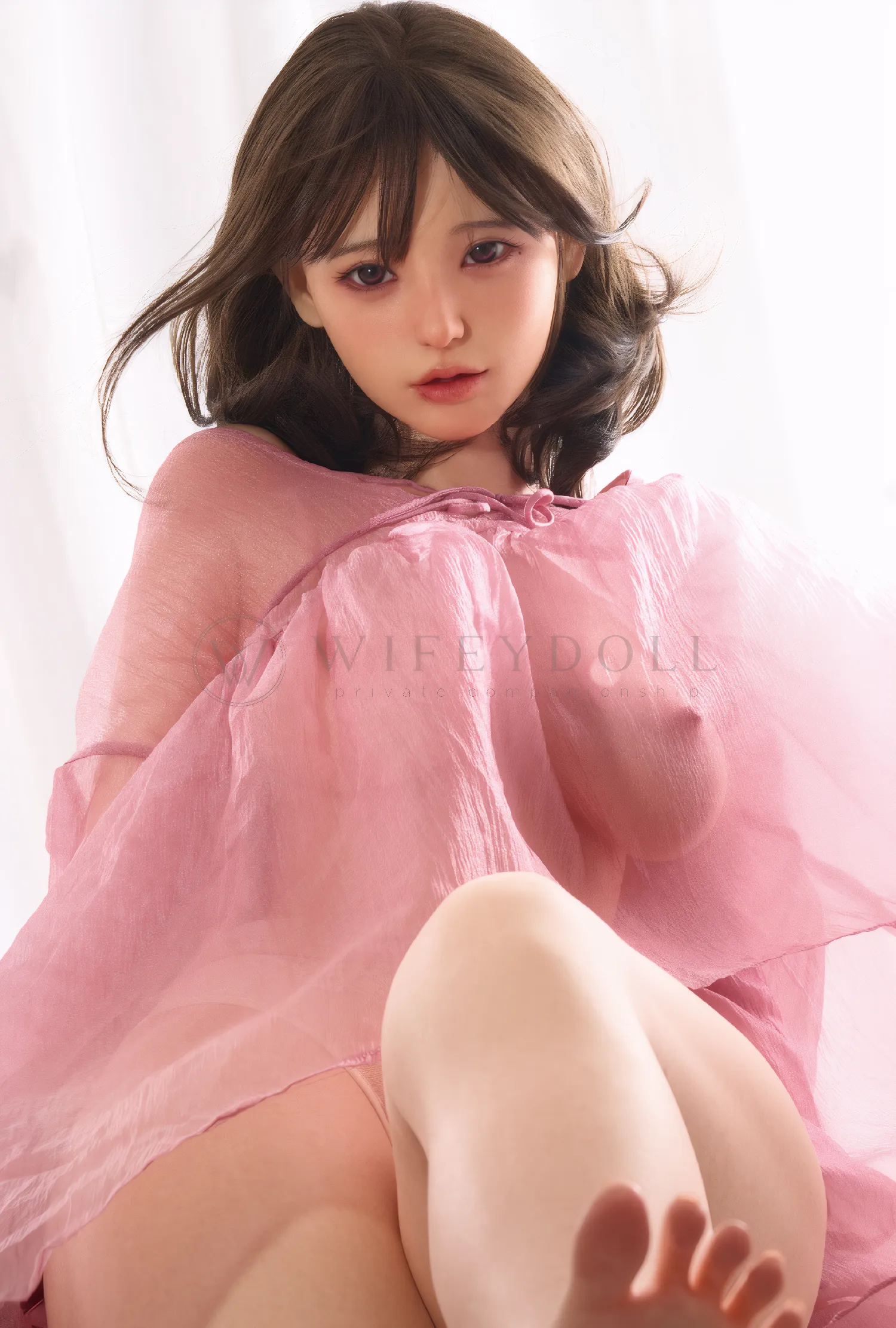 Miku 153cm kawaii silicone doll sits sideways in a white curtain studio.