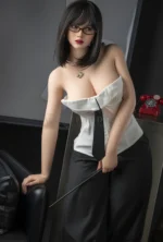 Beside the black sofa, Miya wears glasses, a white corset, and black trousers.