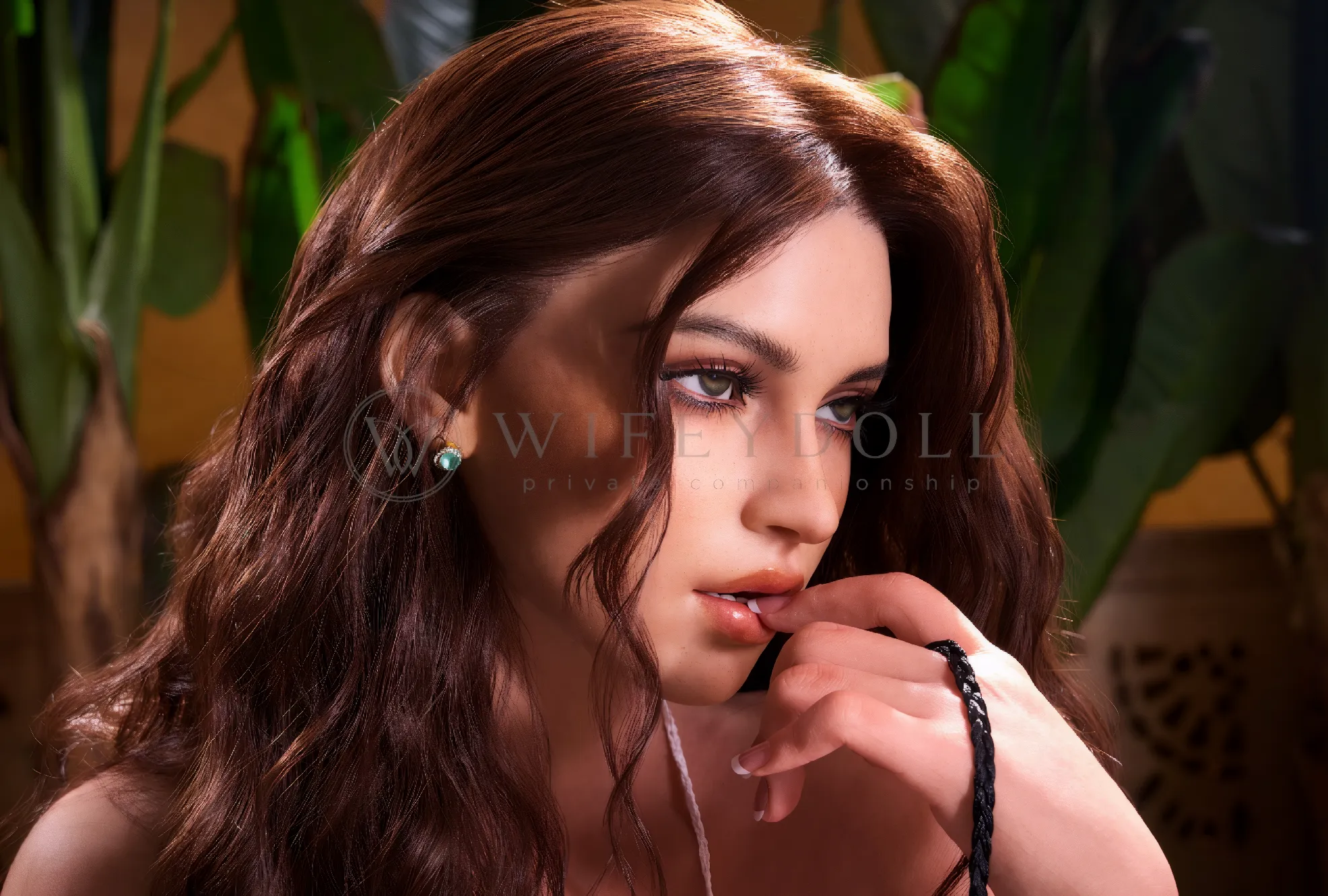 Close portrait of Rosa showing green-gray eyes, glossy lips, chestnut waves, and a small green gemstone earring.
