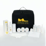 Complete silicone doll care kit displayed with its storage case, cleaning tools, adhesive, and maintenance supplies.