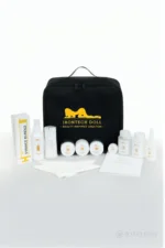 Complete silicone doll care kit displayed with its storage case, cleaning tools, adhesive, and maintenance supplies.