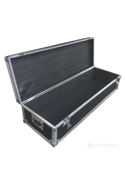 A product view of the protective flight case showing its open interior for safe doll storage and transport.