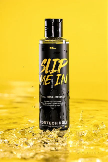 An upright bottle of Slip Me In lubricant stands in shallow splashing water against a yellow background.