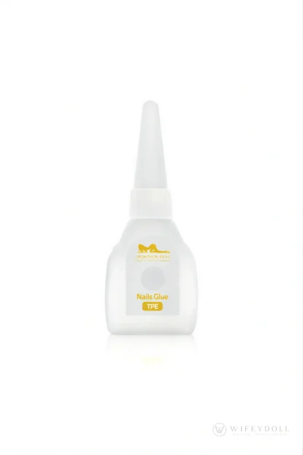 A precision-tip bottle of nail adhesive labeled for attaching nails to TPE doll hands.