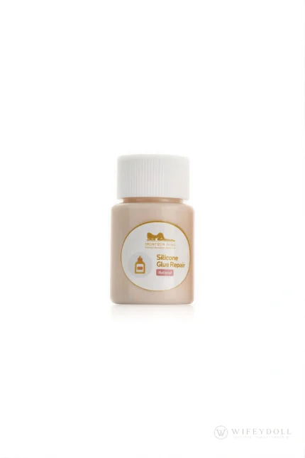 A bottle of natural-tone silicone repair adhesive for matching compatible light skin tones.