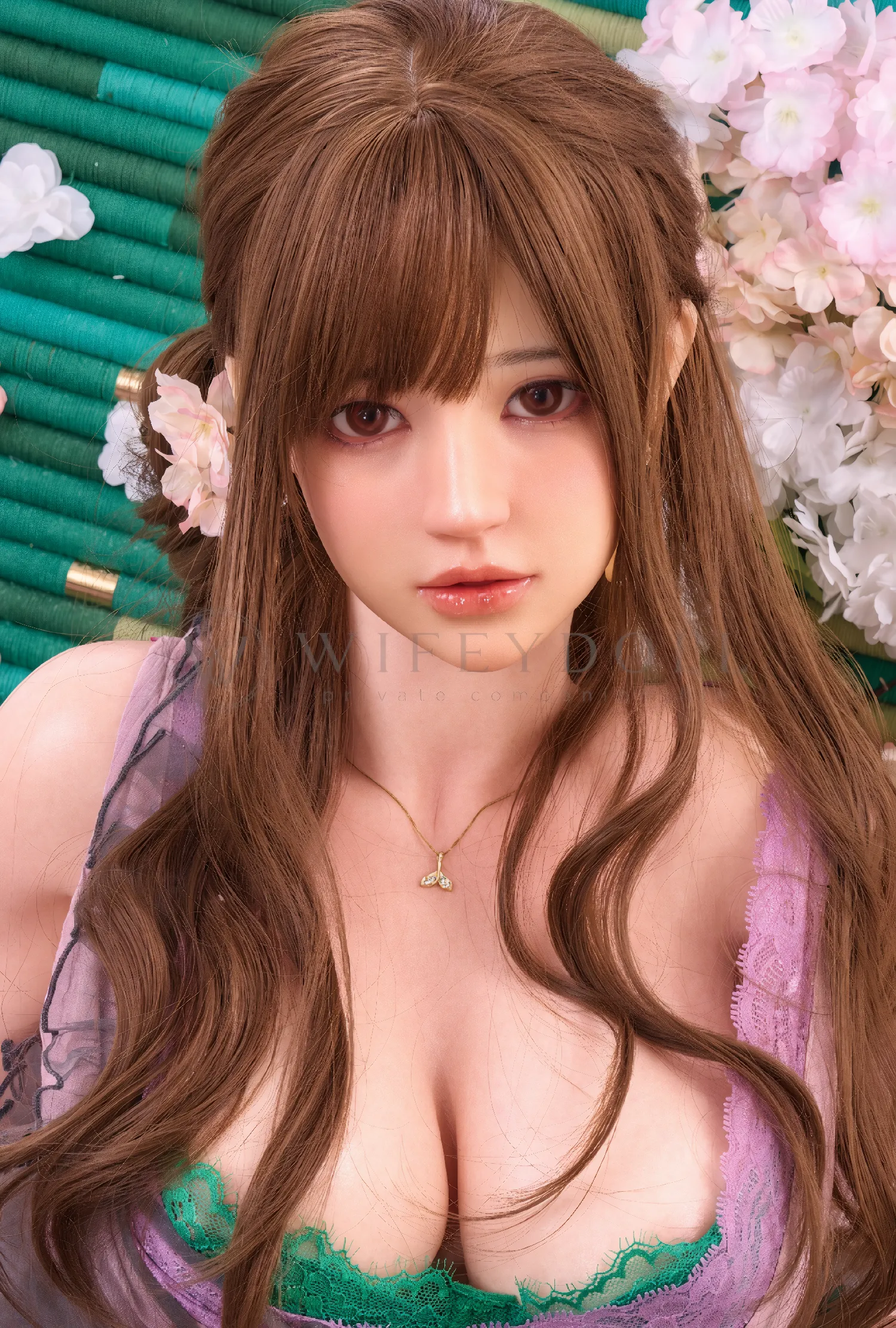 Close-up portrait of Sora, a realistic silicone doll with brown eyes and soft curls against pale blossoms.