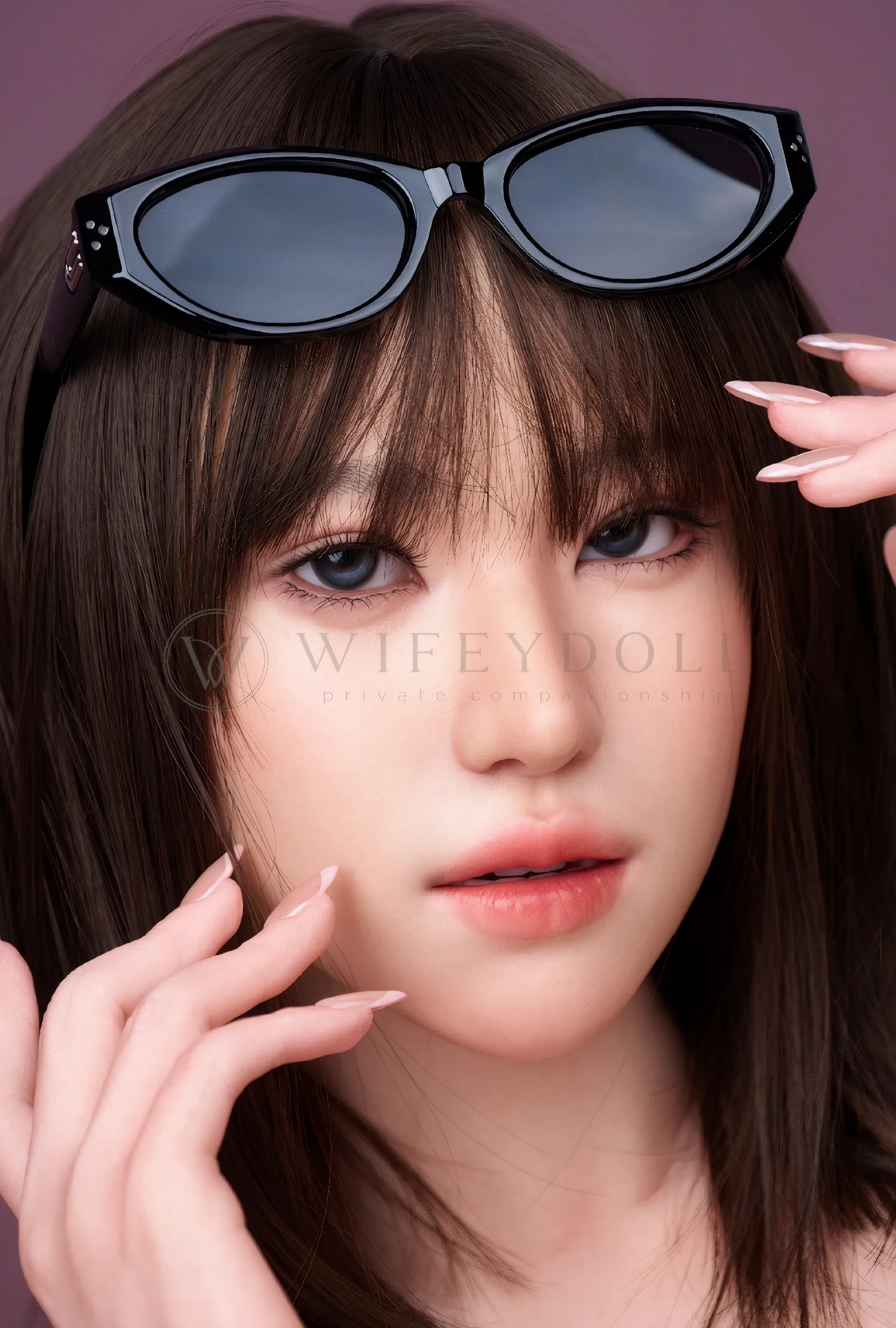 Upper-body portrait of Viki, a silicone doll in a white tank dress facing forward.