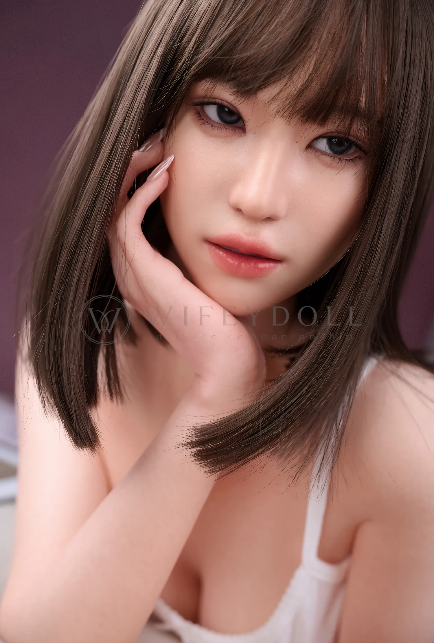 Upper-body portrait of Viki, an Asian silicone doll wearing sunglasses and pink satin sleepwear.