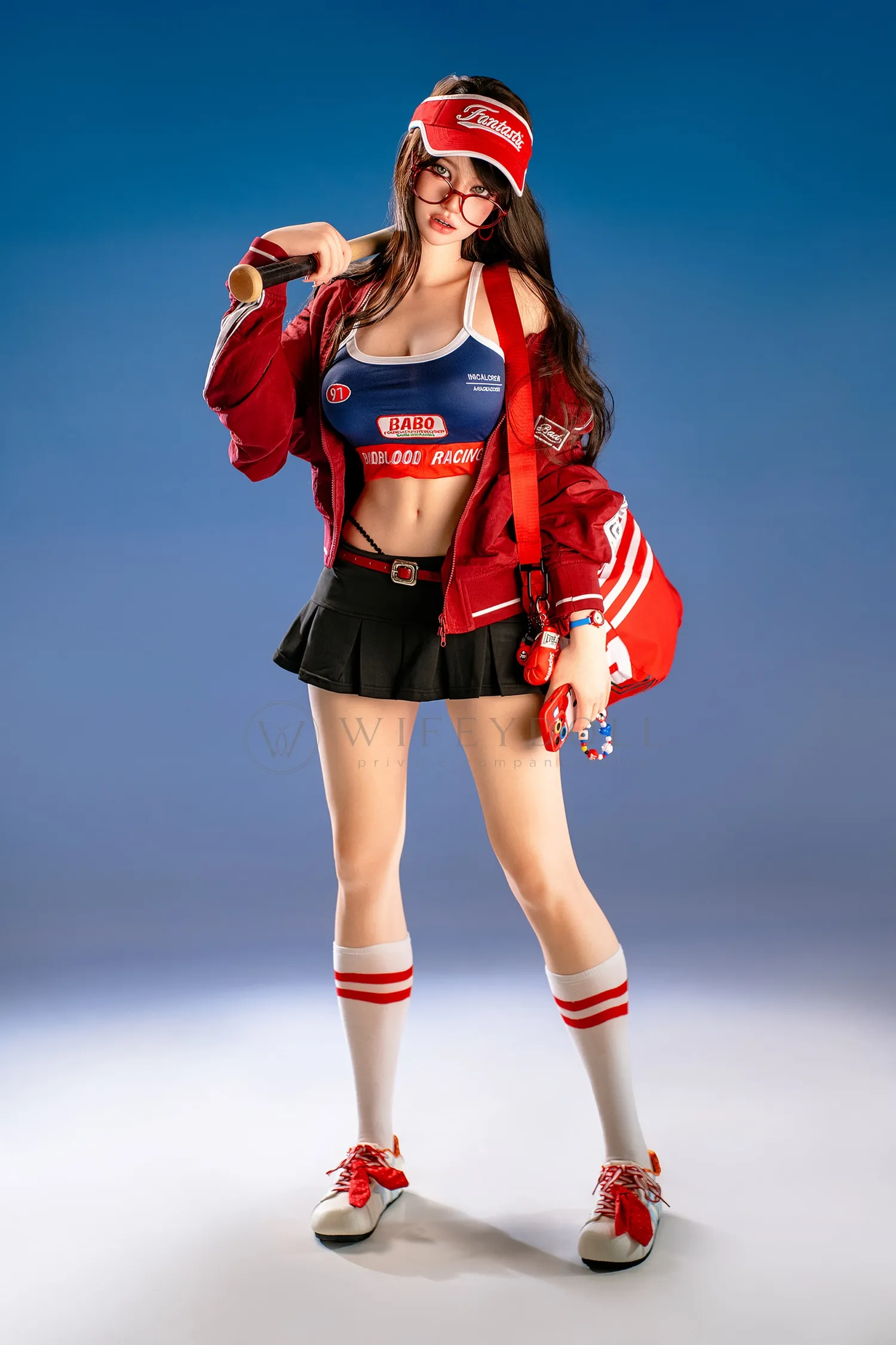 WIFEYDOLL Hanae, a 161cm silicone sex doll, stands in a red-and-blue baseball outfit with a bat on one shoulder and a red sports bag at her side.