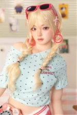 Close face portrait of Xia Ying silicone doll with blonde braids and soft makeup.