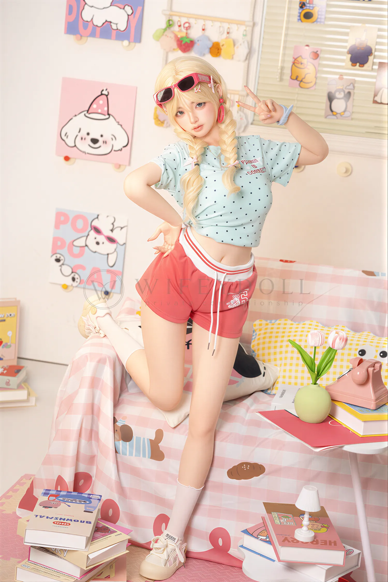 Xia Ying silicone companion doll standing in a pastel room beside a small table with colorful props.