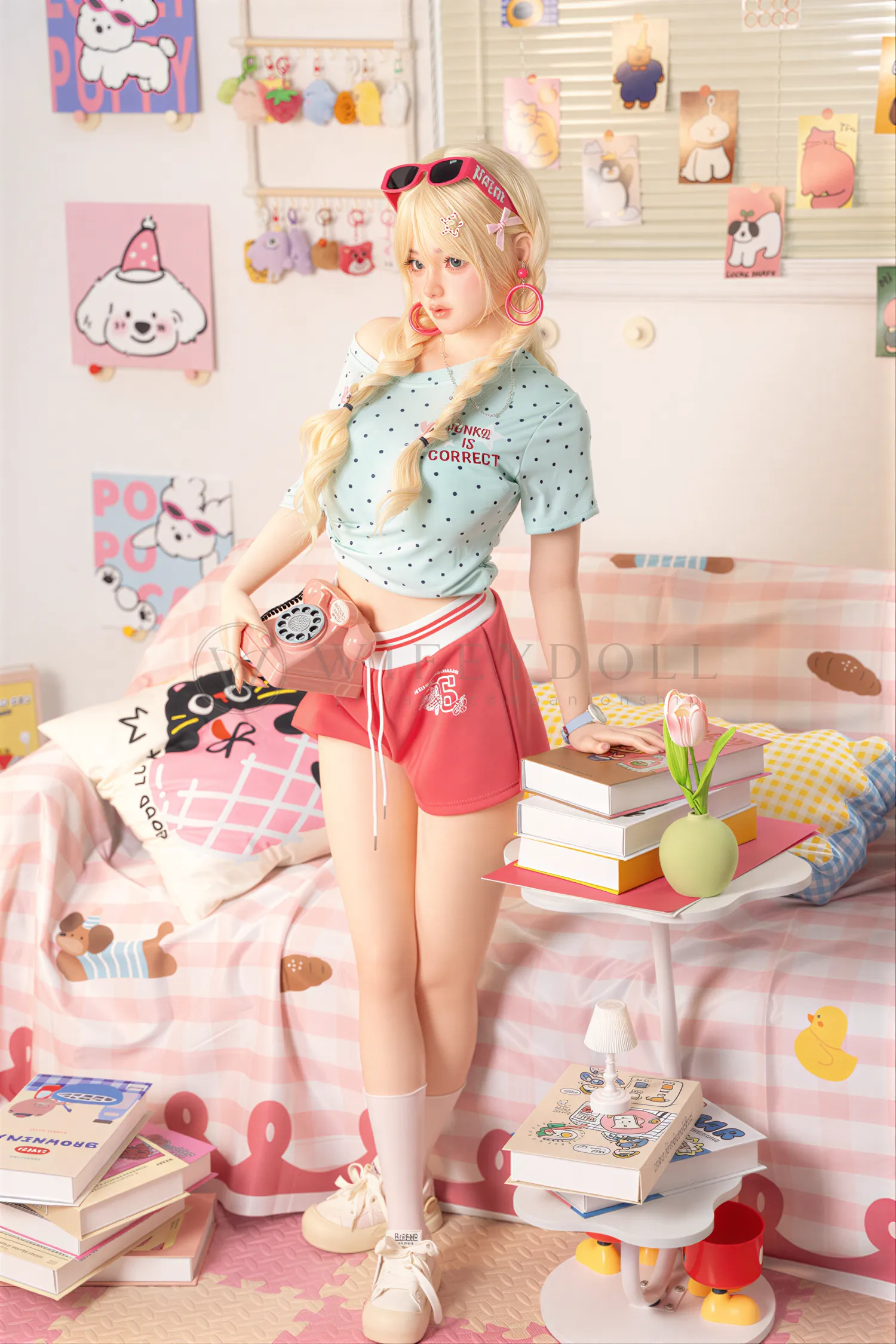 Xia Ying silicone doll standing beside the bed with pastel room props around her.