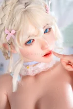 Zia, a 154cm companion doll, touches one fingertip to the lower lip in a close portrait with blue eyes and blonde braids.