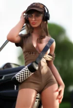 Close-up portrait of Doris TPE doll wearing a racing cap and headphones.