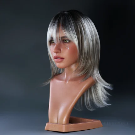 IronAI R12 interactive head shown in its angled wig configuration.