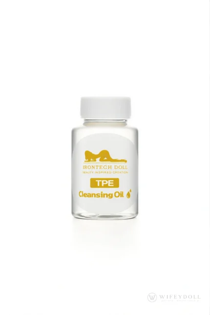 A bottle of cleansing oil labeled for routine care of TPE doll surfaces.