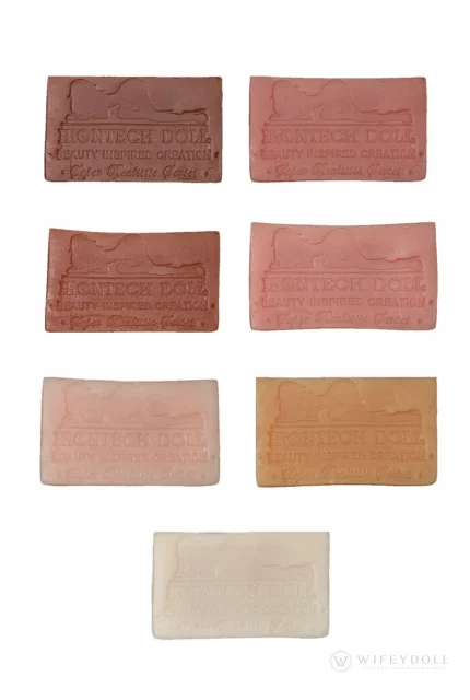Comparison of TPE material samples in multiple skin tones for custom doll color selection.