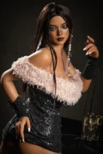 Upper-body view of a doll wearing a black feather-trim evening dress.