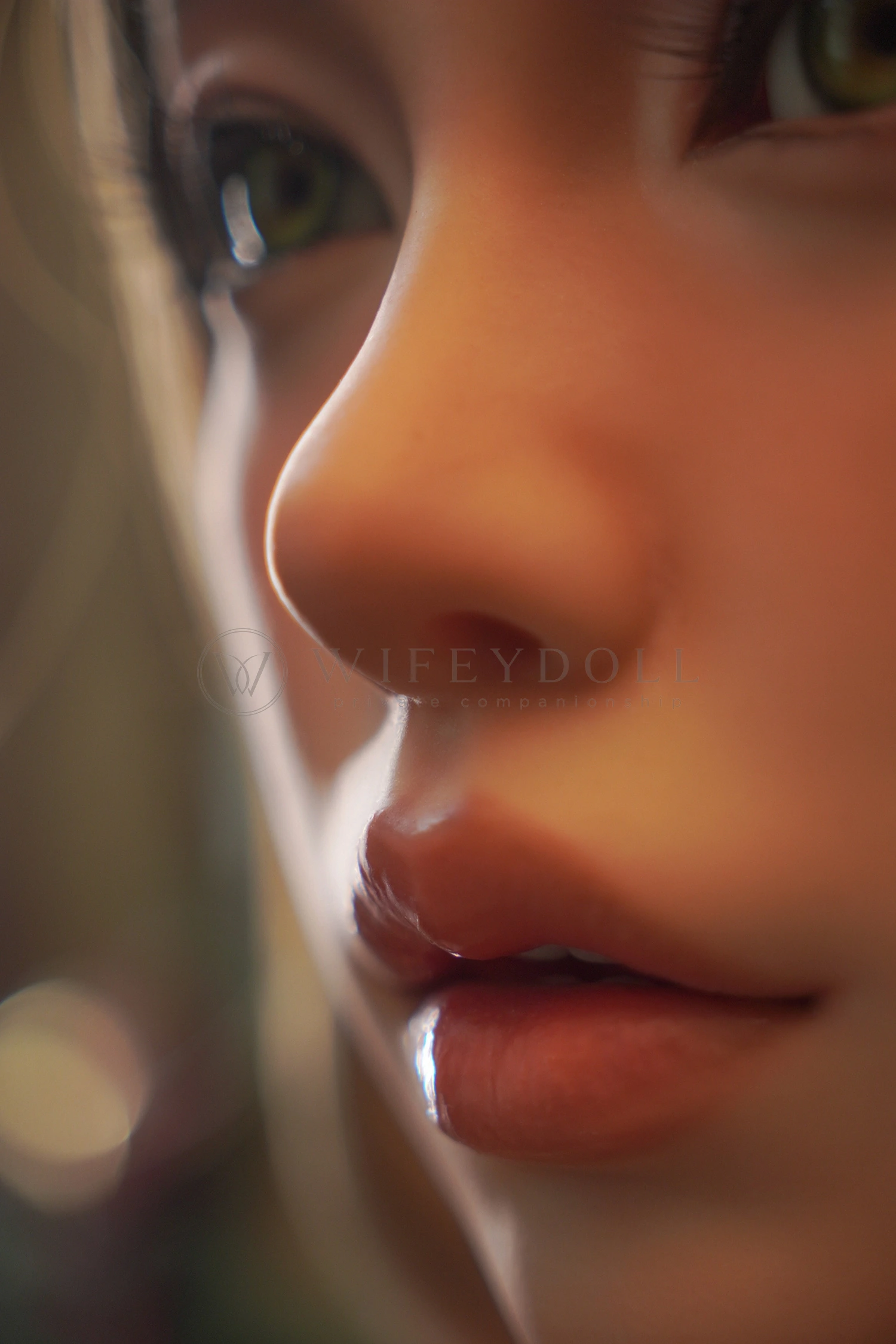 Scarlett’s green eyes and lightly parted pink lips in close-up.