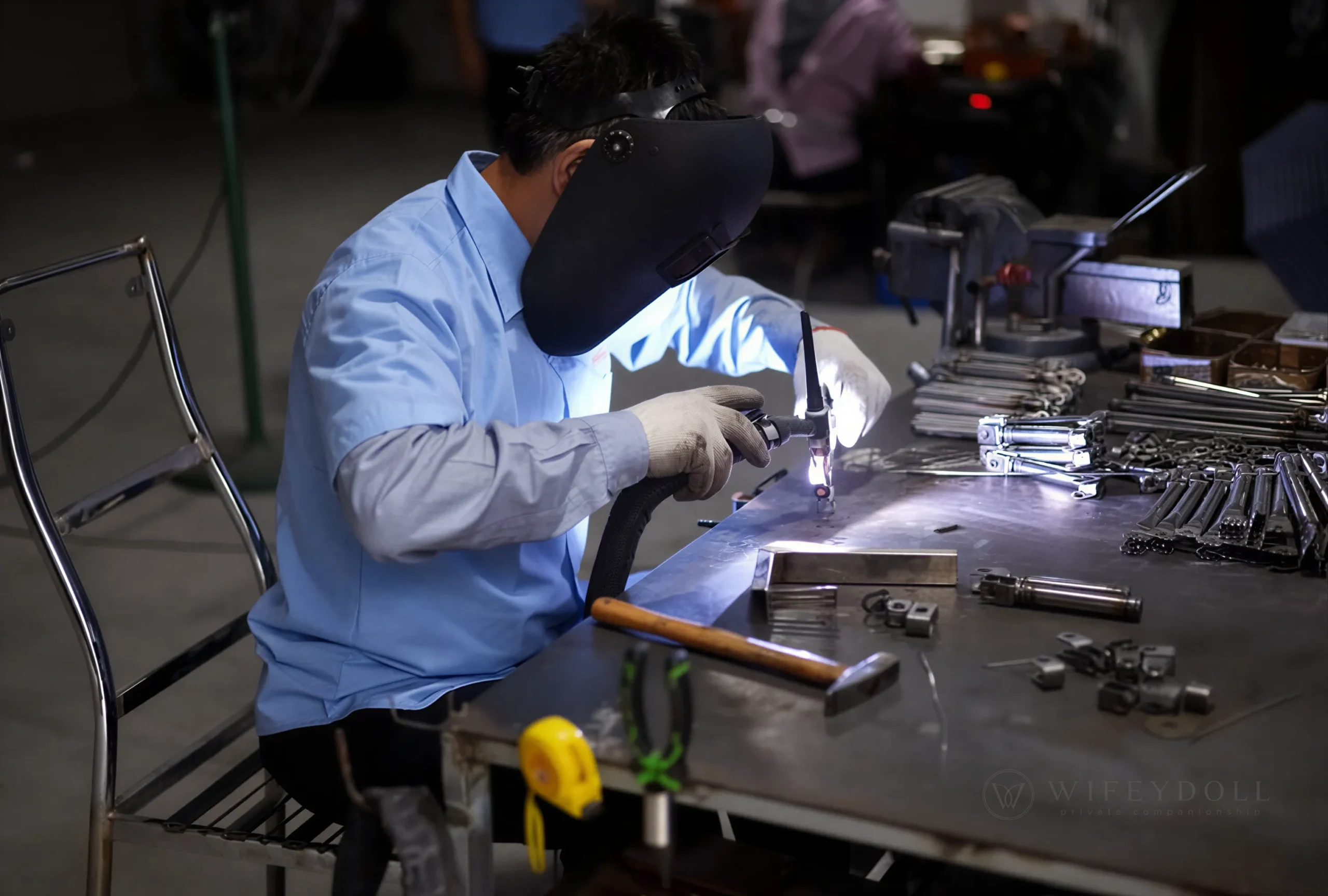 Metal skeleton frames for silicone dolls being assembled in the workshop.